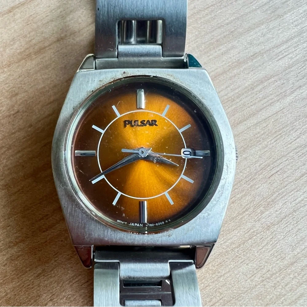 Pulsar ladies brown dial silver tone retro dress watch NEW BATTERY
